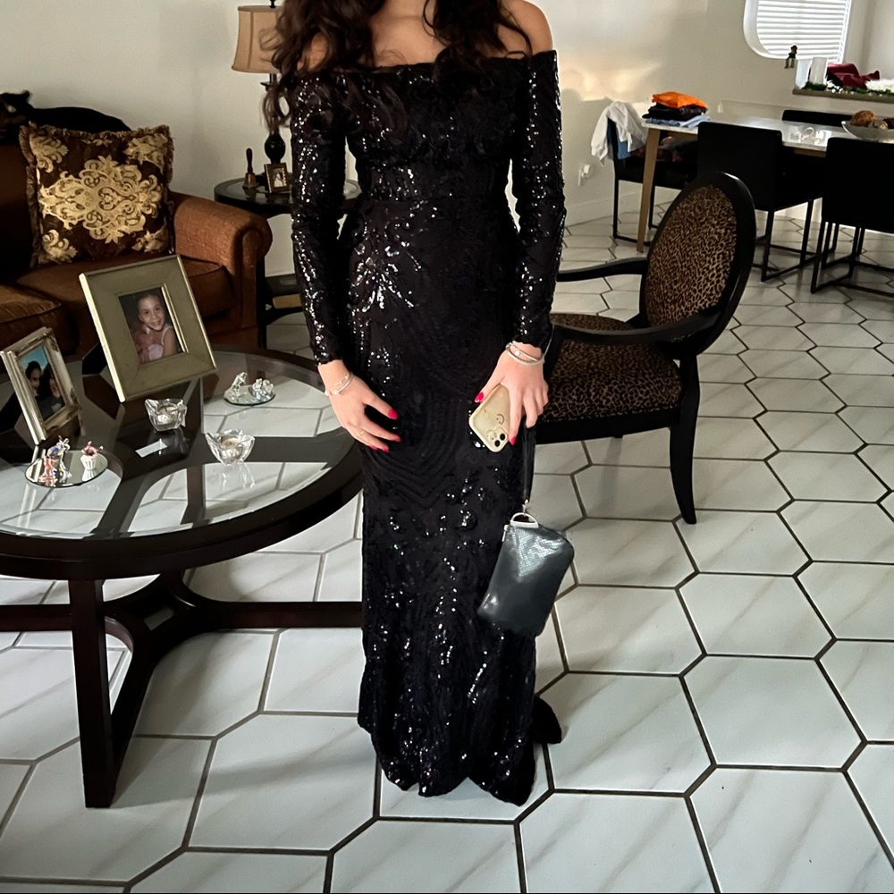 Windsor Sequin Off The Shoulder Long Sleeve Formal Dress